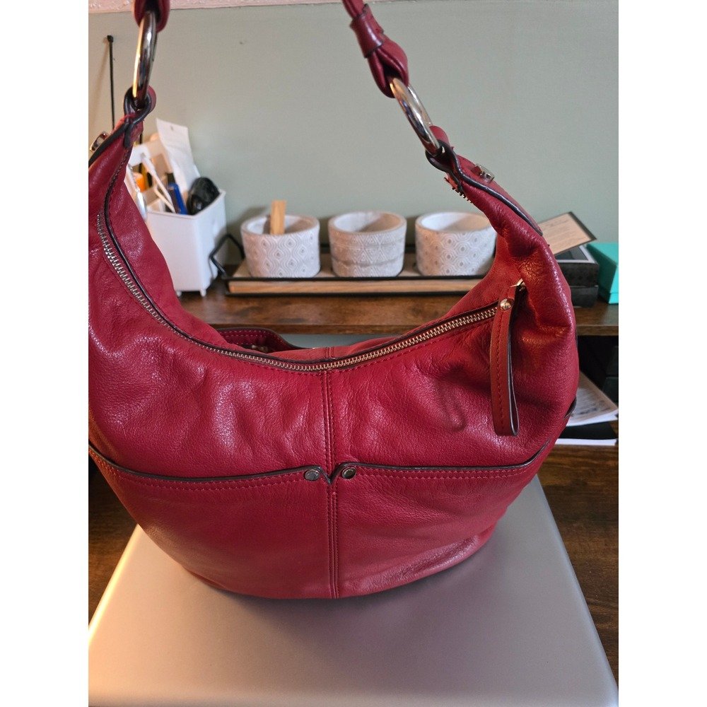Tignanello Red Leather Hobo Shoulder Bag Large Zip Top Striped Lining